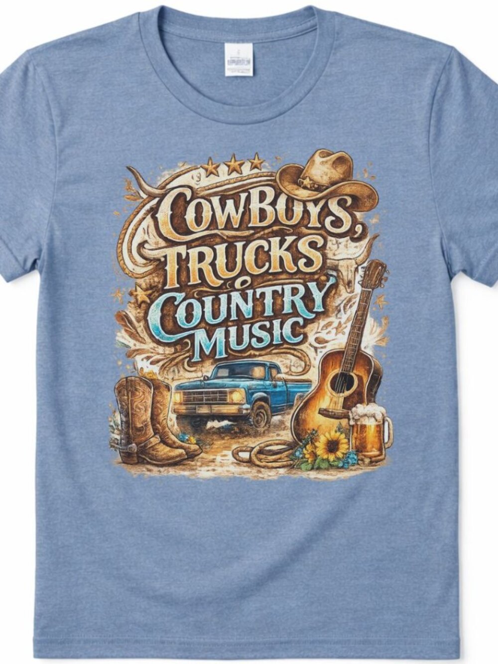 Cowboys Trucks Western Graphic T Shirt Trendy Boutique Style Tee Womens Blue Top